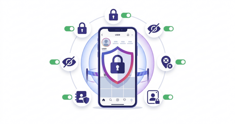 Instagram privacy settings with shield and lock toggles