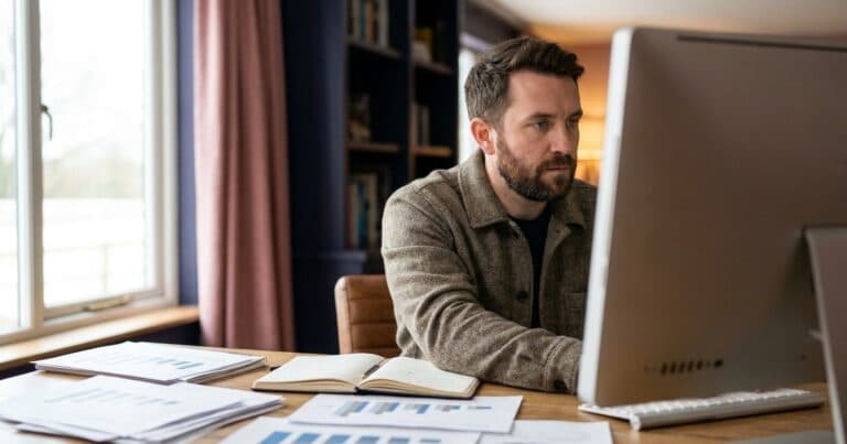 Analystin arbeitet am Monitor mit ausgedruckten Diagrammen auf dem Schreibtisch