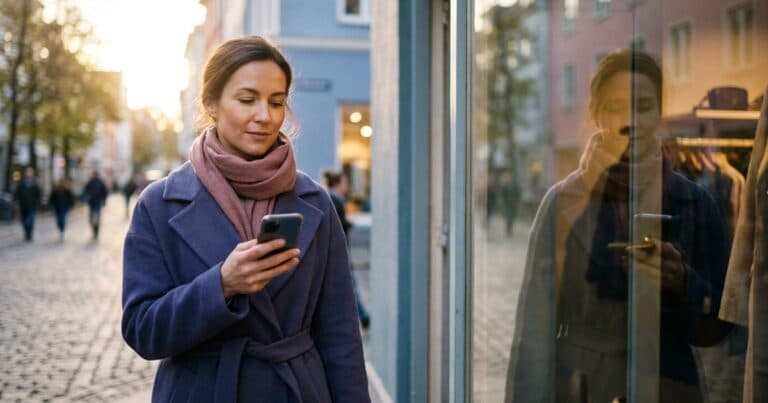 Frau geht mit dem Smartphone an einem Schaufenster vorbei