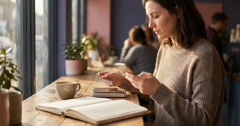 Freiberuflerin im Café wägt ab, ob sich Unfollower-Tracking lohnt