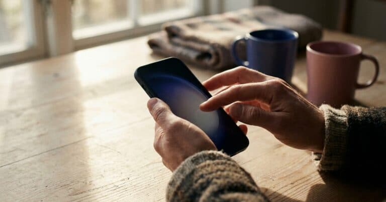 Hände aktualisieren eine App auf dem Smartphone über einem Holztisch