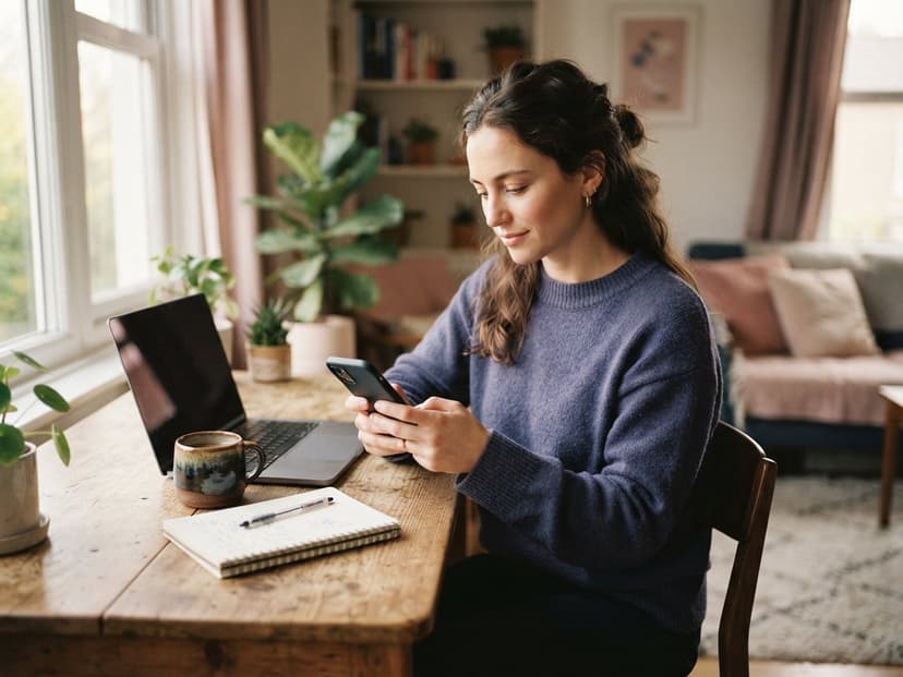 Frau am Schreibtisch lädt auf dem Smartphone ihren Instagram-Datenexport herunter, um ihre Unfollower zu prüfen