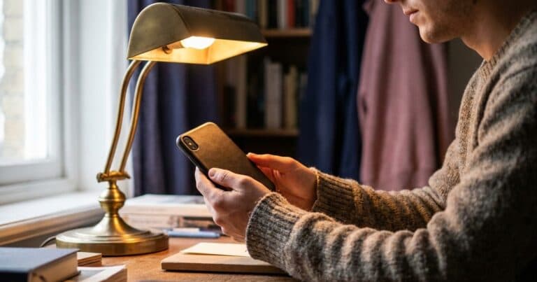 Person untersucht unter einer Lampe die Rückseite eines Smartphones