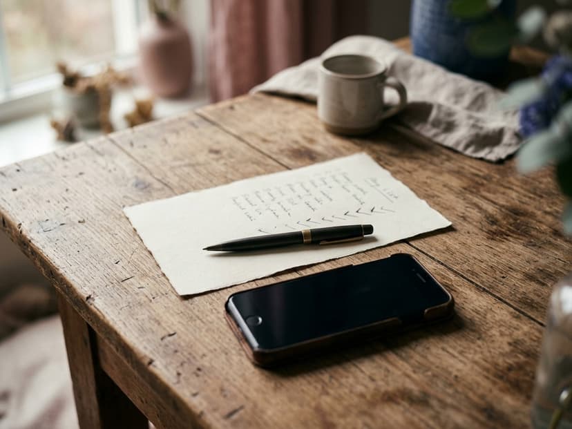 Handschriftliche Liste neben dem Smartphone beim Aufräumen der Instagram-Abos