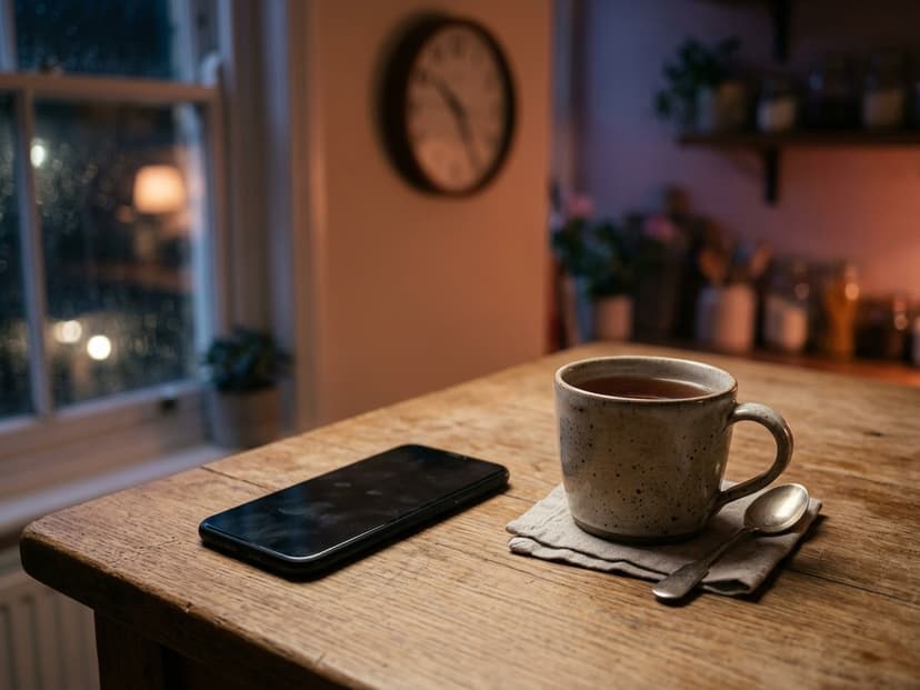 Smartphone auf dem Küchentisch, im Hintergrund eine Wanduhr, während eine Story abläuft