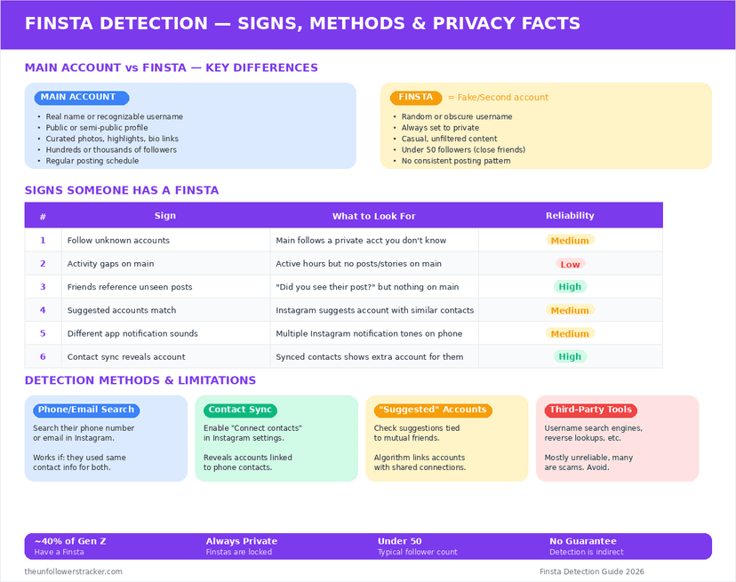 Finsta detection signs and methods comparison infographic