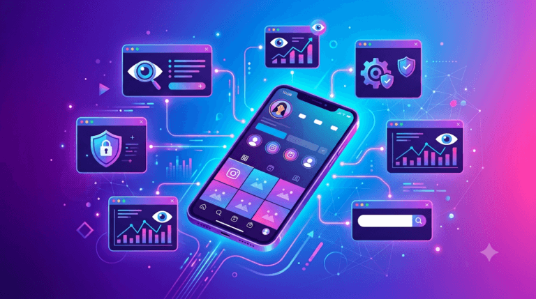 Comparison of Instagram viewer tools showing smartphone with analytics dashboards, privacy shields, and search interfaces in 2026