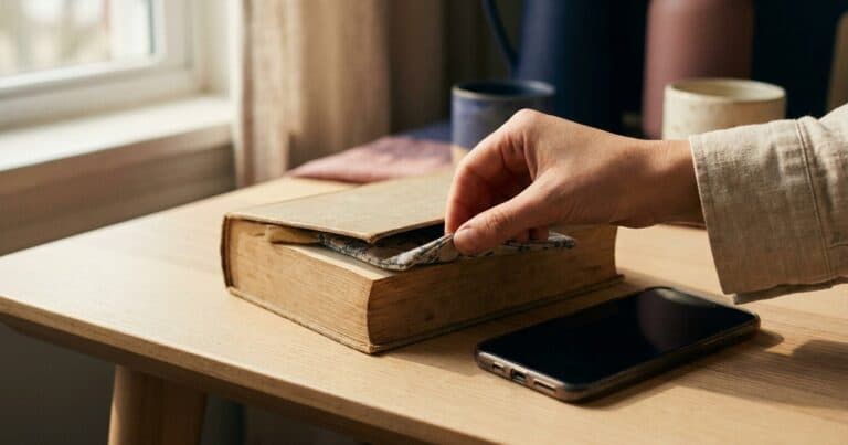 Hand legt ein Lesezeichen in ein Buch, daneben ein Smartphone