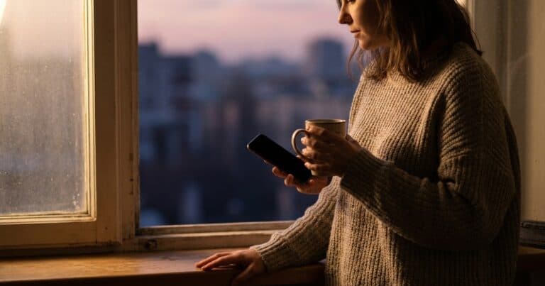 Frau am Fenster in der Morgendämmerung mit Smartphone und Tasse