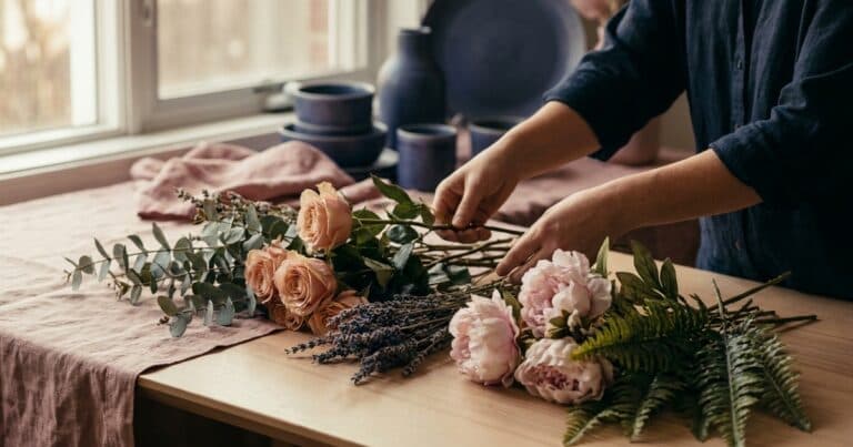 Person sortiert echte und künstliche Blumen in zwei Stapel