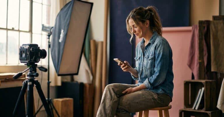 Fotografin prüft zwischen zwei Aufnahmen ihr Instagram-Konto