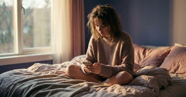 Junge Person sitzt auf dem Bett und hält das Smartphone in beiden Händen