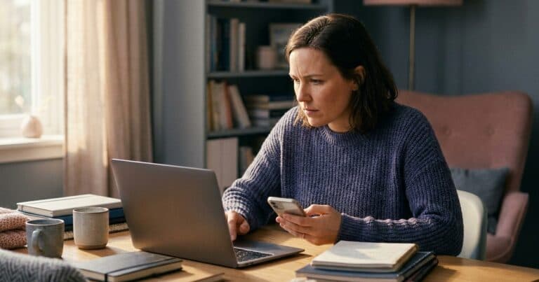Frau vergleicht Instagram-Statistiken auf Smartphone und Laptop