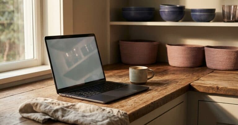 Geöffneter Laptop auf der Küchenablage neben einer Tasse Kaffee