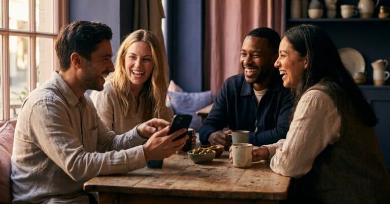 Vier Freunde am Tisch, eine Person hält ein Smartphone