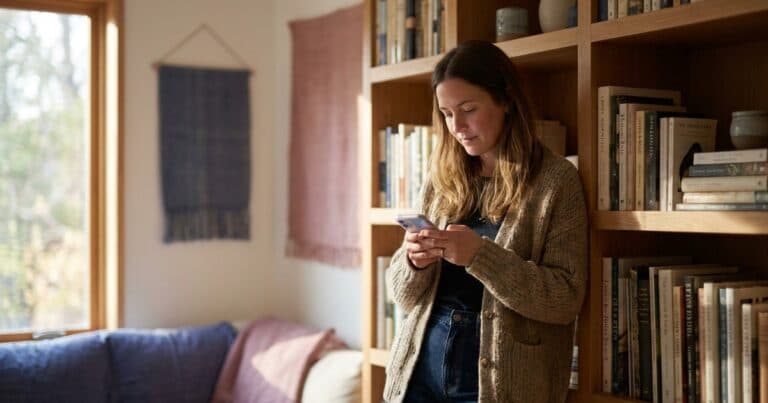 Frau scrollt am Bücherregal auf dem Smartphone