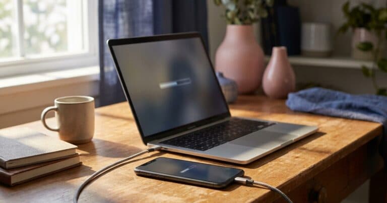 Laptop und Smartphone per Kabel verbunden auf dem Schreibtisch