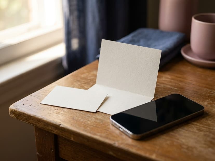 Visitenkarte, persönliche Notiz und Smartphone auf einem Holztisch