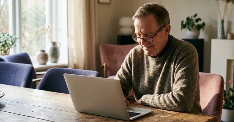 Älterer Mann liest am Esstisch etwas am Laptop