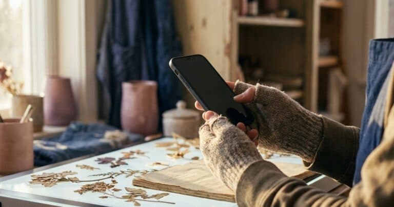 Hände halten ein Smartphone über einen hellen Tisch