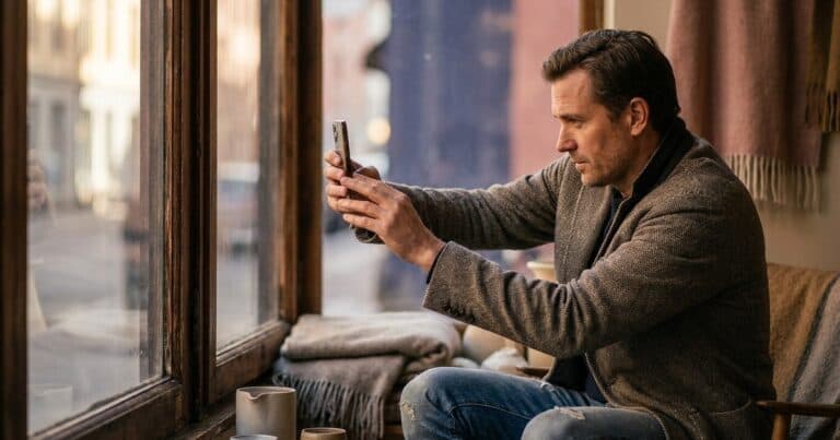 Mann hält das Smartphone prüfend zum Fenster