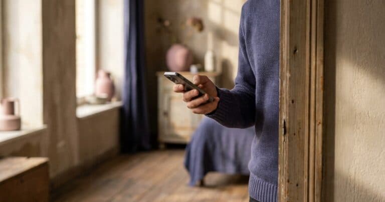 Person steht halb verdeckt im Türrahmen mit dem Smartphone