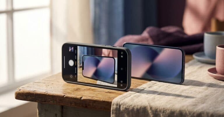 Zwei Smartphones auf dem Tisch, eines fotografiert den Bildschirm des anderen