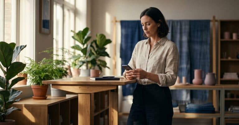 Frau am Stehpult prüft Strategien, um Instagram-Unfollower zu verhindern