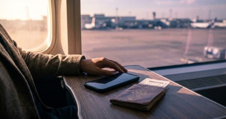 Reisende am Flughafenfenster mit Smartphone, Bordkarte und Reisepass