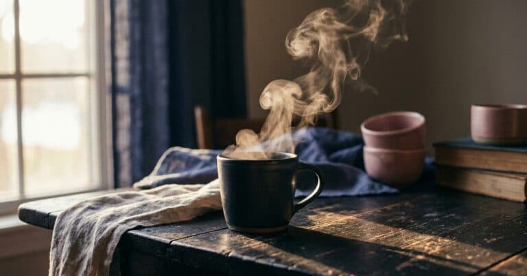 Aufsteigender Dampf einer Tasse löst sich im Licht auf