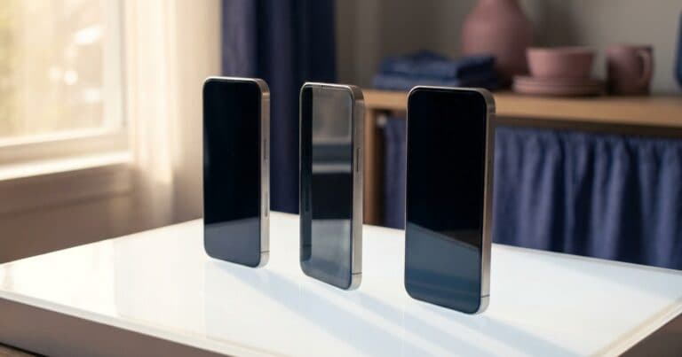 Drei Smartphones nebeneinander auf einem hellen Tisch