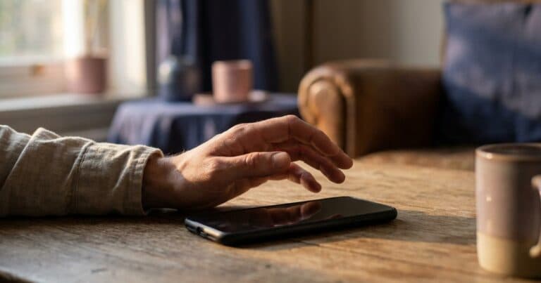 Hand zögert über einem Smartphone