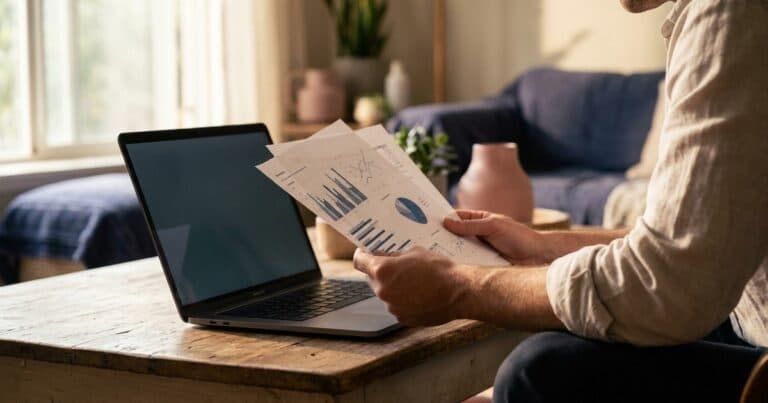 Creator prüft ausgedruckte Statistiken neben dem Laptop