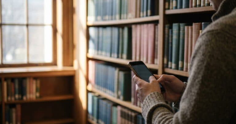 Person tippt in einem Bibliotheksgang auf dem Smartphone