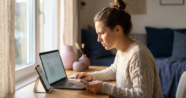 Frau vergleicht am Laptop Daten mit dem Smartphone daneben