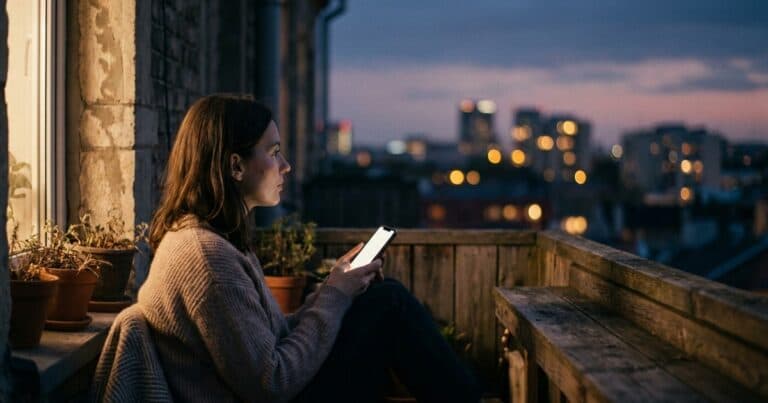 Frau steht abends auf dem Balkon mit dem Smartphone in der Hand