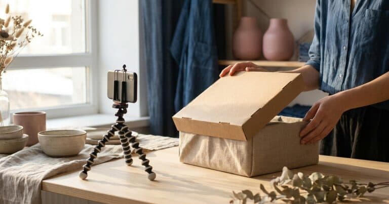 Creatorin filmt am Tisch ein Produkt für einen Werbebeitrag