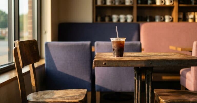 Zwei leere Stühle an einem Cafétisch mit einer kalten Tasse Kaffee