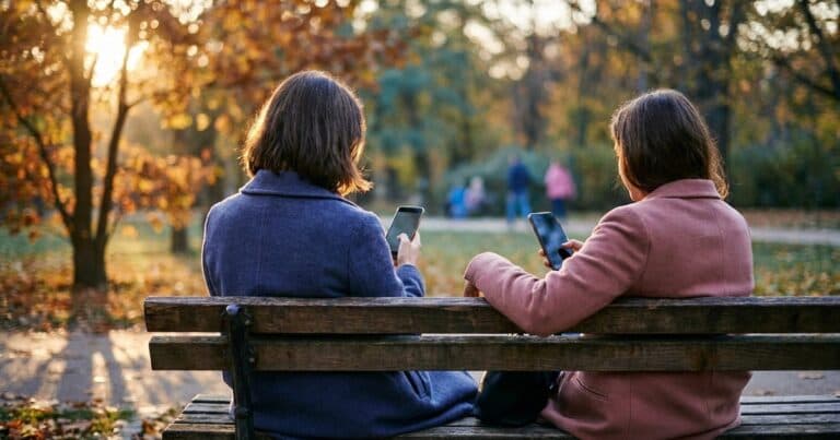 Zwei Personen auf einer Parkbank schauen jeweils auf ihr Smartphone