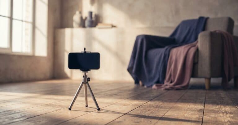 Smartphone auf einem Stativ filmt einen leeren hellen Raum