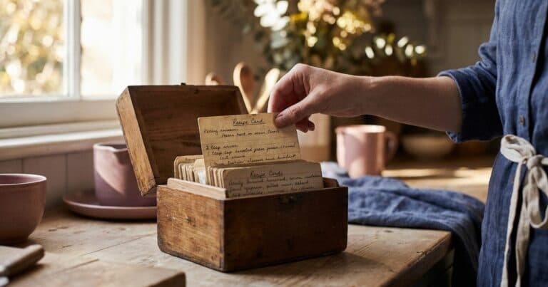 Hand steckt eine Rezeptkarte in eine Holzkartei