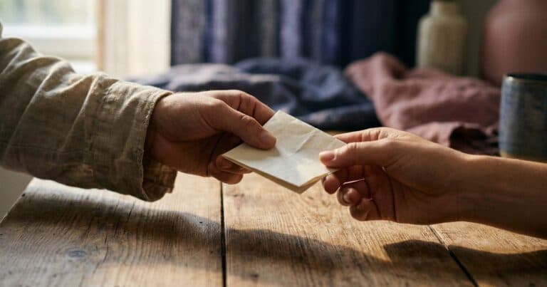 Eine Hand reicht einen gefalteten Zettel über den Tisch