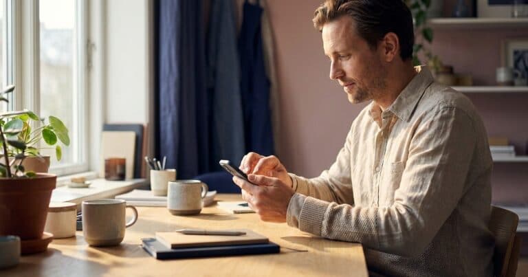 Mann stellt am Schreibtisch die Privatsphäre-Einstellungen auf dem Smartphone ein