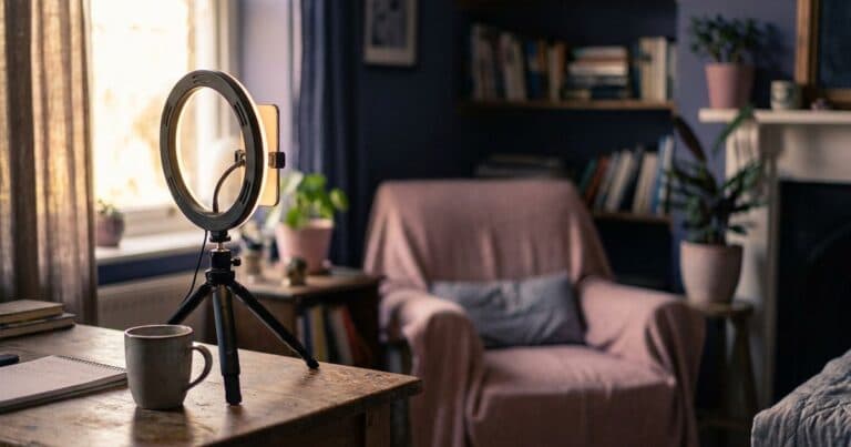 Kleines Studio mit Ringlicht und Smartphone auf dem Stativ