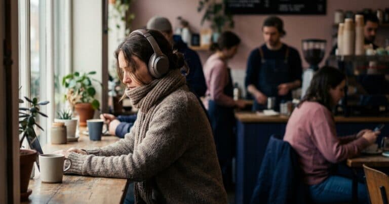 Frau mit Kopfhörern in einem belebten Café