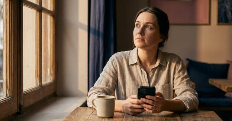 Frau blickt vom Smartphone auf zum Fenster