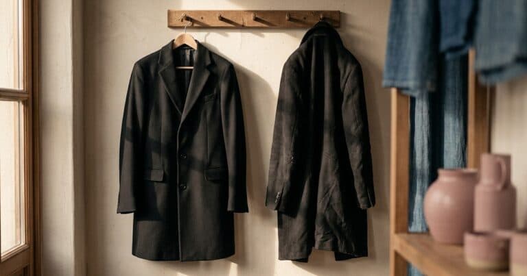 Zwei fast identische Mäntel nebeneinander an der Garderobe