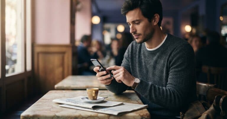 Mann im Café tippt zögernd auf eine Instagram-Umfrage in einer Story