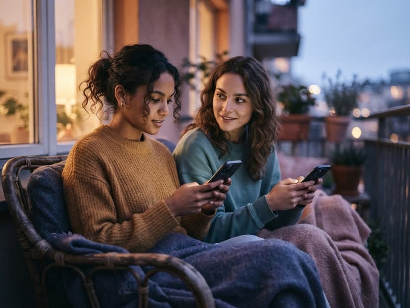 Two friends on a balcony comparing the story viewer lists on their own phones