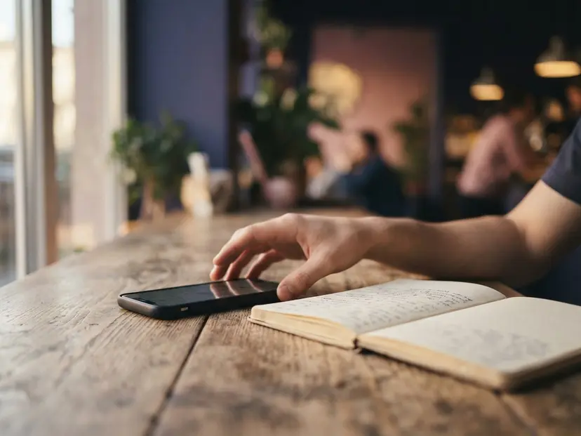 Smartphone neben einem Notizbuch auf einem Cafétisch, daneben Notizen zum Test der Zuschauerreihenfolge